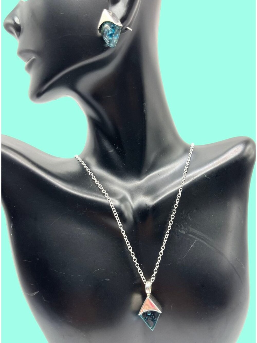 Dichroic Glass Necklace & Earrings Set 925 Sterling Silver Hand Blown Blue Stone